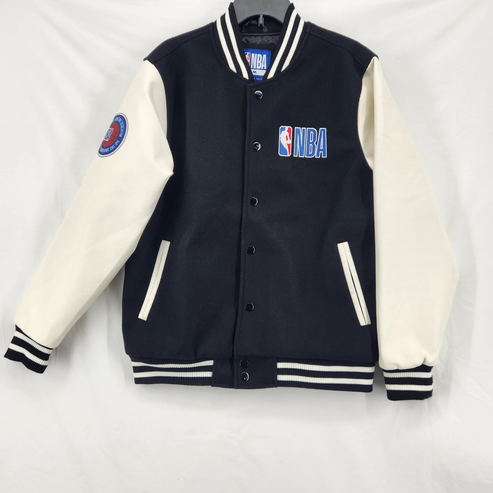 NBA Mens Varsity Letterman Jacket Black Cream Faux Leather Sleeves Medium NEW